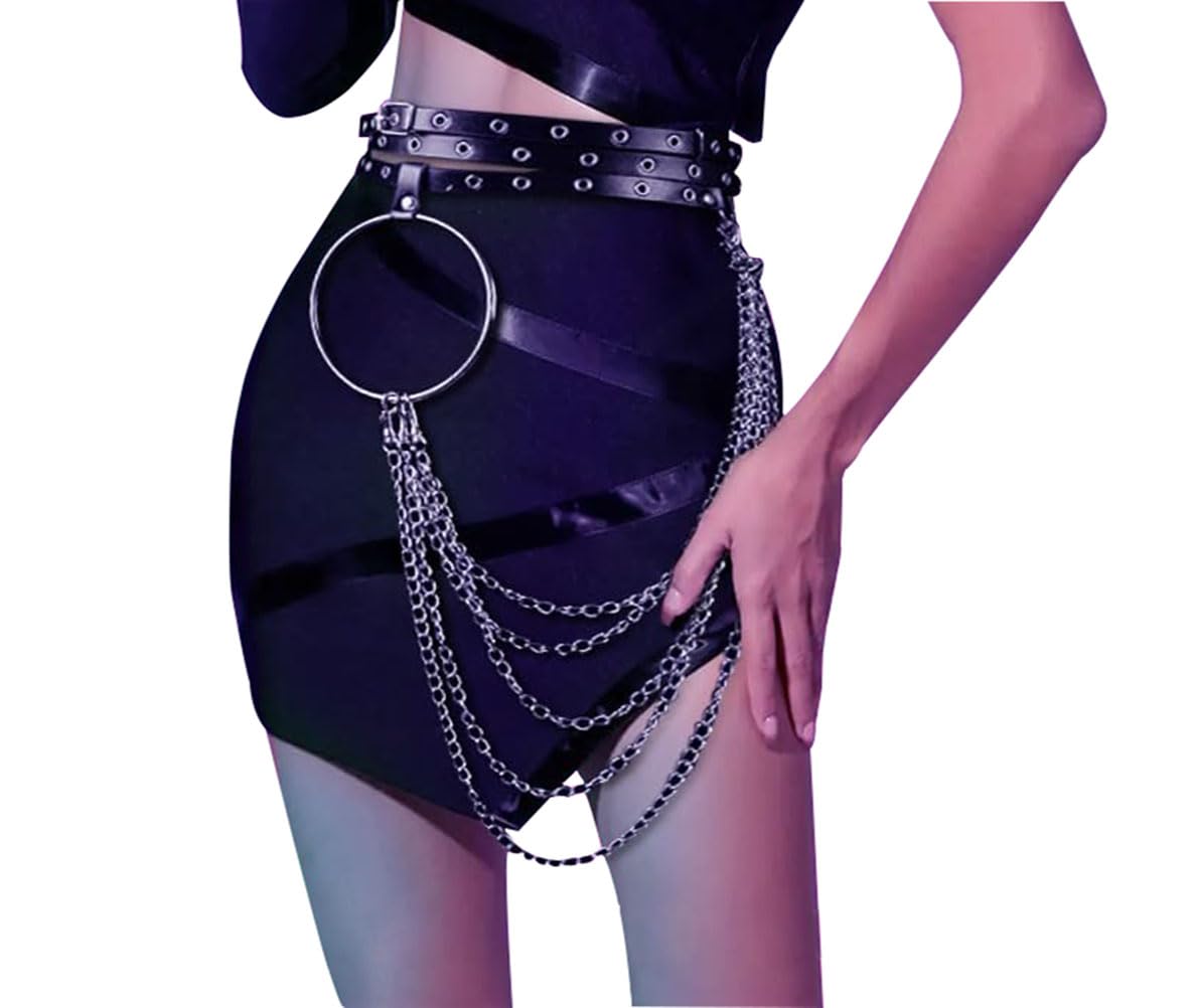 HUI GUO Women's Gothic Body Chain Belt Leather Punk Waist Belt with O-ring Metal Chain Tassel Adjustable Buckles(Black3), One Size