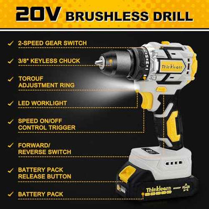 119 Pcs Cordless Drill Tool Kit Set; 20V Brushless Power Drill with 2.0Ah Battery, 10mm 3/8" Keyless Chuck, 60N.M & 21+1 Torque Setting Power Tool Set for DIY Garden House Office Repai