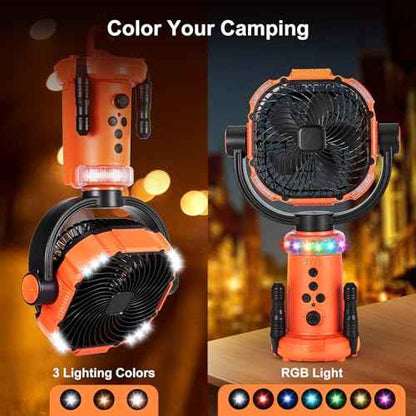 Odoland 20000mAh Camping Fan with Lantern, 360¡Æ Oscillation Rechargeable Battery Operated Outdoor Power Fan with Remote, Hook £¦ RGB Light for Camp, Family Travel and Jobsite, Orange