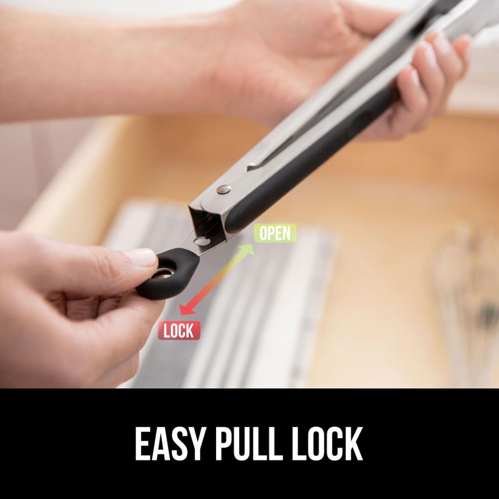 GORILLA GRIP Stainless Steel Heat Resistant Kitchen Tongs for Cooking, 9 + 12 Inch, Set of 2 BBQ Tong, Non Scratch Silicone Tip for Pan, Strong Grip, Grab Food, Toss Salad, Air Fryer, Pull Lock, Black