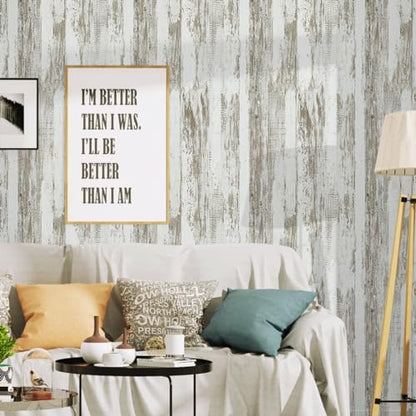 WENMER White and Brown Rustic Wood Grain Wallpaper, 17.3" x 118", 14.1 sq.ft. Peel and Stick, Waterproof, Multi-Surface Use