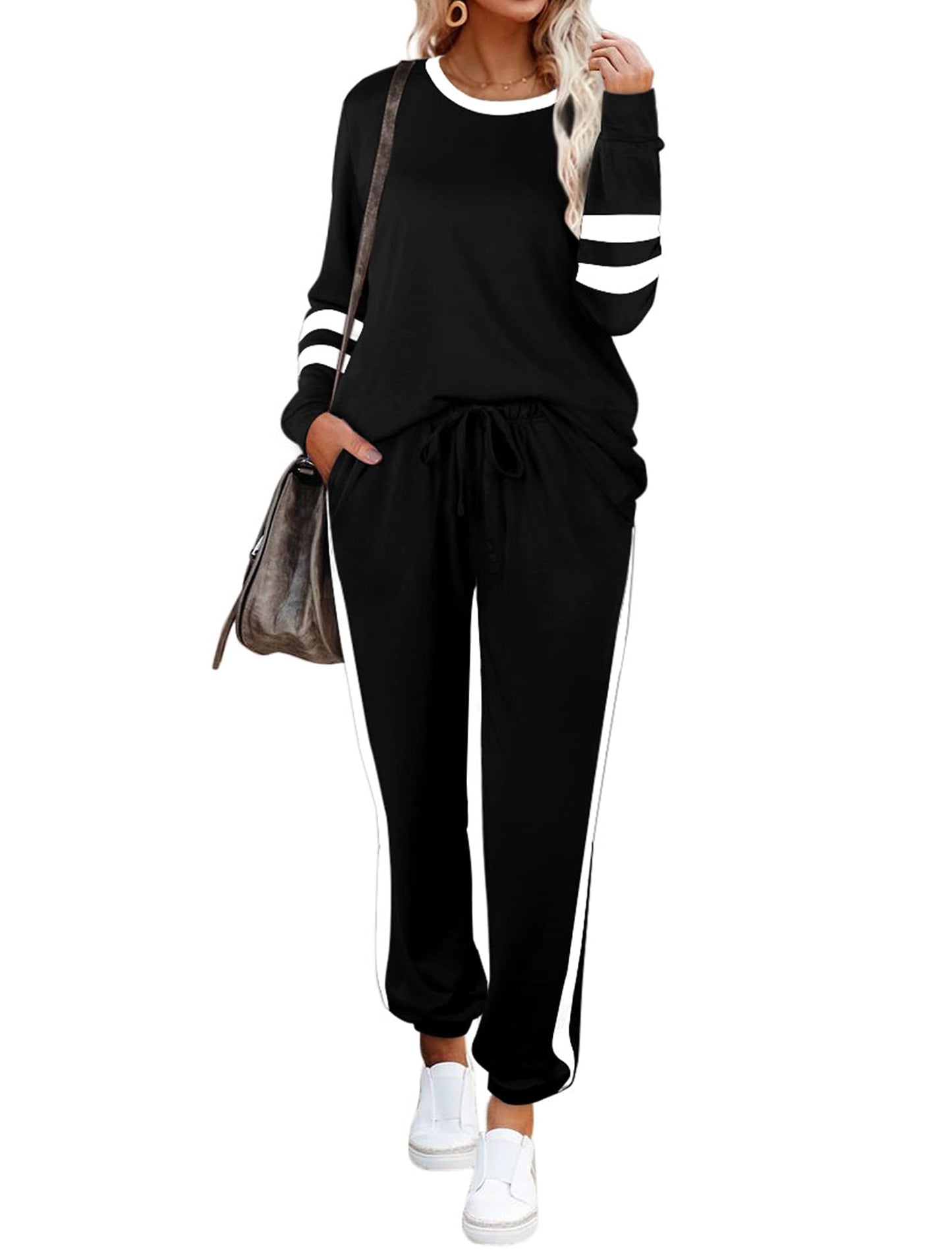 Aloodor Workout Sets for Women 2 Piece Outfits Casual Loose Fitting Tops Black 2XL