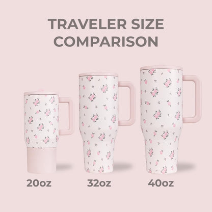HydroJug Traveler - 40 oz Water Bottle with Handle & Flip Straw - Fits in Cup Holder, Leak Resistant Tumbler-Reusable Insulated Stainless Steel & Rubber Base - Gifts for Women & Men, Wildrose