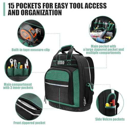 Tool Backpack Heavy Duty with Hard Bottom, Tool Backpack for Men, Electrician Bag, 15 Pockets, Waterproof Construction Backpack for HVAC, Mechanics, and Jobsite