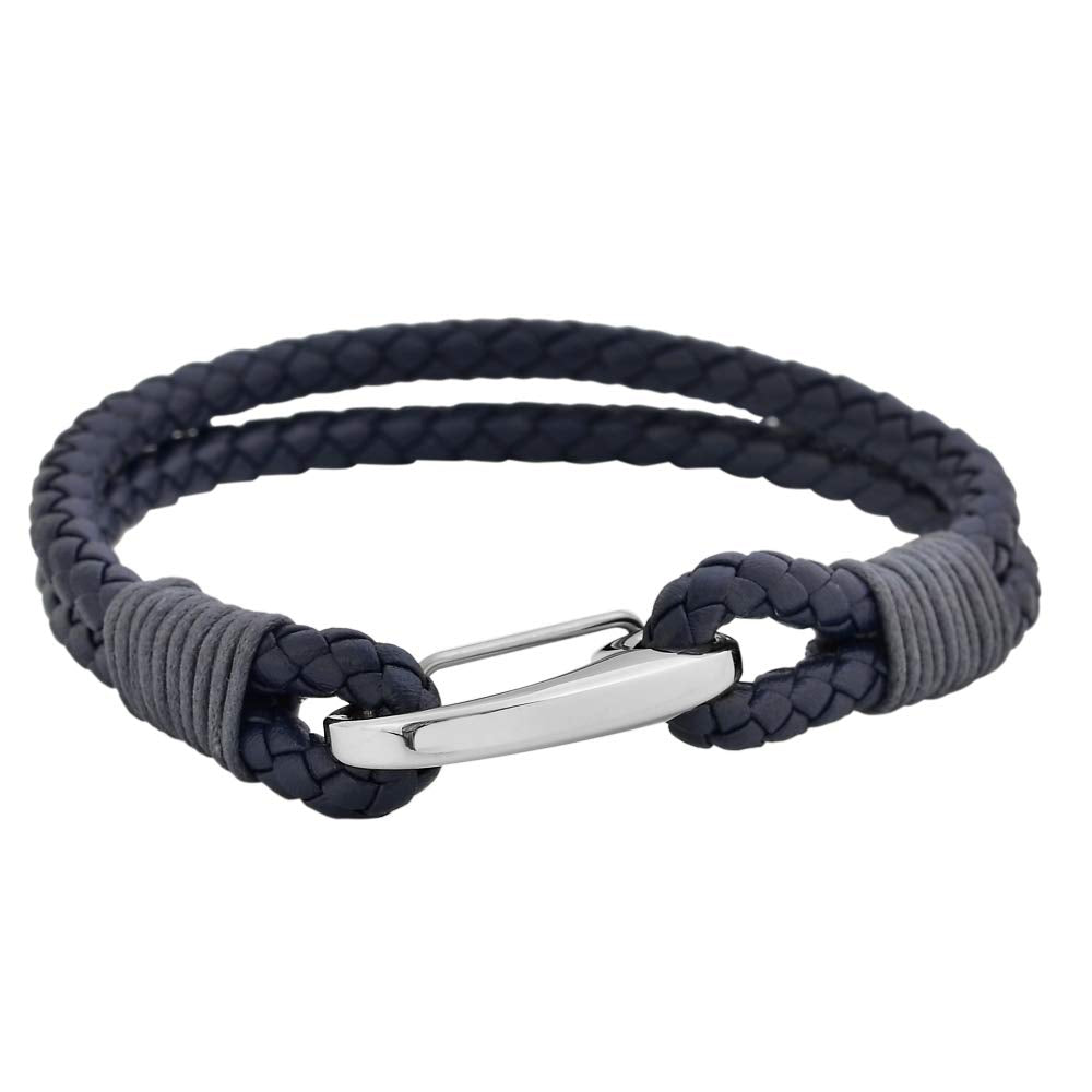 Edforce Braided Genuine Leather 2-Strand Cuff Bracelet with Stainless Steel Clasp (Prussian Blue)