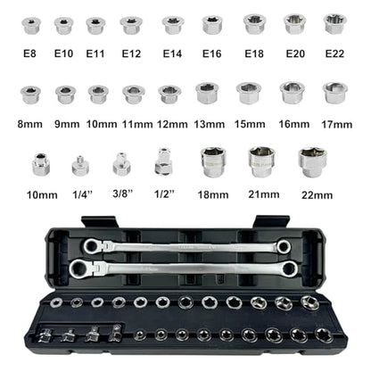 TR TOOLROCK 27PCS Extra Long Flex Head Ratcheting Wrench Set, Metric Double Box End Ratchet Wrench Set with Replacement Heads, 72-Tooth, E-type 8-22mm, 1/4", 3/8", 1/2" Socket Adapters