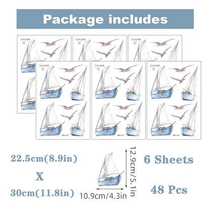 6 Sheets 48 Pcs Blue Sailboats Gulls Ins Style Wall Stickers, sacinora Travel Adventure Wanderlust Sailboat Nautical DIY Wall Decals Removable Vinyl Peel and Stick for Nursery Bedroom Playroom Decor
