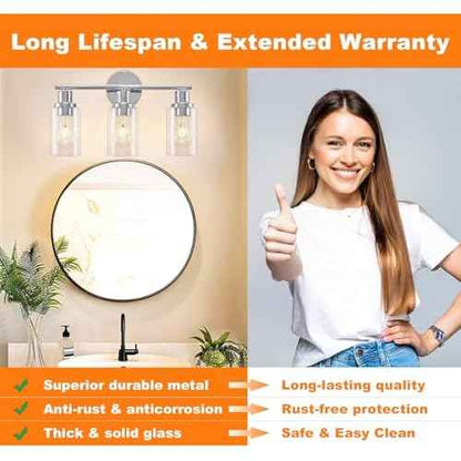 DLLT 3-Light Bathroom Light Fixtures: Chrome Modern Vanity Lights with 3 E26 Bulbs - Clear Glass Shade Bathroom Wall Lamp for Mirror Kitchen Living Room Hallway Cabinet Porch