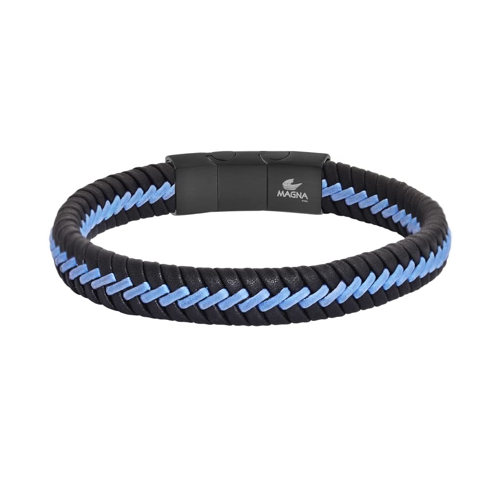 Magna Steel Men's Braided Genuine Leather Cord Bracelet, Blue