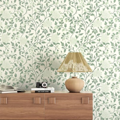 Leaf Peel and Stick Wallpaper Boho Contact Paper 17.3"x78.8" Green and Beige Floral Wallpaper Self Adhesive Removable Wall Paper Bathroom Decoration Wallpapers for Bedroom Vinyl Roll