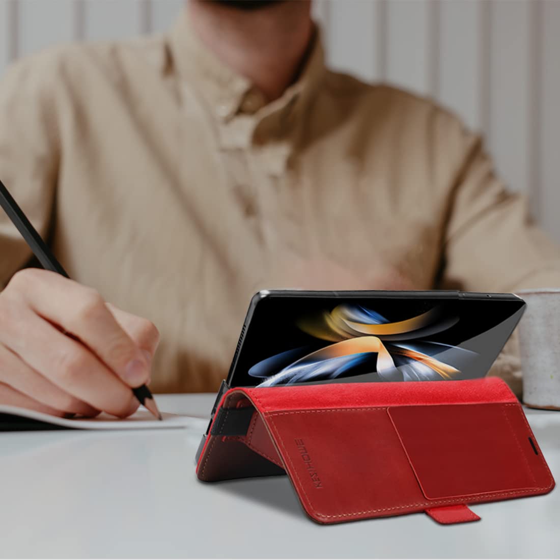 KEZiHOME Case for Samsung Galaxy Z Fold 5, Genuine Leather Wallet Case [RFID Blocking] with Card Holder Stand Shockproof Protective Phone Flip Cover Compatible with Galaxy Z Fold 5(Red/Brown)