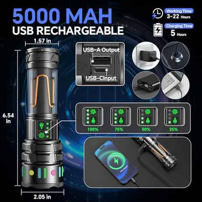 Rechargeable Flashlight High Lumens, 3000 Lumens 5000mAh Super Bright High Lumens Camping Flashlight with 11 Modes,Waterproof,Adjustable LED Multi-Flashlight for Outdoor,Camping,Walking,Tactical