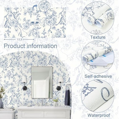 Peel and Stick Wallpaper Periwinkle Blue Wall Paper Floral Contact Paper Removable Self Adhesive Leaf Boho Waterproof Wallpaper for Walls Vinyl Rolls 16.1"x78.7"
