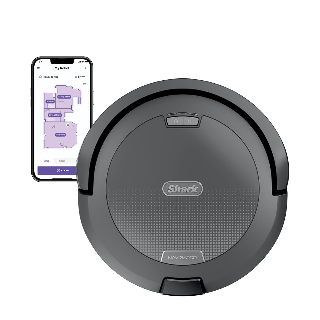 Shark Navigator Robot Vacuum with Bagless 30-Day Capacity Self-Empty Base, Powerful Suction, SmartPath Navigation, Self-Cleaning Brushroll, for Carpets & Hard Floors, White, AV2110S