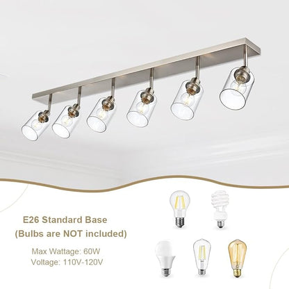 6 Light VINLUZ Bathroom Light Fixtures Classic Vanity Lighting Black Multi-Directional Rotating Metal Ceiling Spotlight with Adjustable Track Heads with Clear Shade