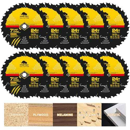 Circular Saw Blade 7 1/4" 24T Wood Cutting Framing/Fine Finish Circular Saw Blade, 5/8" Arbor, TCT Carbide-Tipped, Teflon Anti-Stick, Miter Saws Blades for Wood, MDF, OSB, Laminated, Plywood (10 Pack)