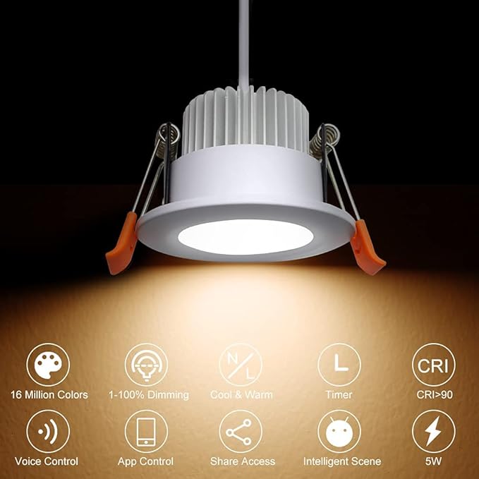 YGS-Tech Smart 2 Inch LED Recessed Lighting RGB WiFi Downlight, 5W Compatible with Alexa and Google Home, Dimmable RGB & CCT 2700-6500K Color Changing, 120V LED Ceiling Light with Driver (1 Pack)