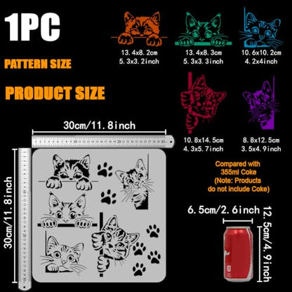 FINGERINSPIRE Peeping Cat Painting Stencil 11.8x11.8 inch Cat Border Template Hollowed Cute Cats Stencil Large Cat Paw Prints Template Cat Footprint Stencil Animal Theme Template for DIY Crafts
