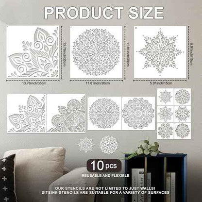Mandala Stencils for Crafts Reusable - 10 Pcs Bohoemian Mindfulness Large Stencils for Painting on Wall Home Decor Furniture