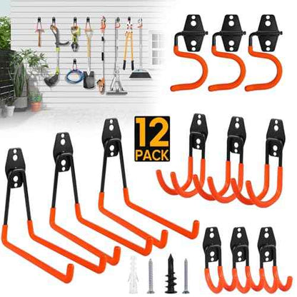 Donext Garage Hooks, 12 Pack Heavy Duty Steel Utility Hooks for Hanging, Wall Mount Garage Storage Hooks for Tools, Ladders, Bikes, Bulky Items, Orange