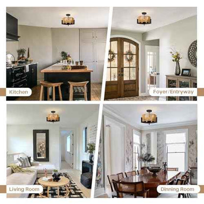 Boho Light Fixture,13.6'' Rattan Ceiling Lights,3-Light Coastal Semi Flush Mount Ceiling Light Fixture,Farmhouse Chandelier, Nursery Light Fixtures,Flush Mount Lights for Bedroom Entryway