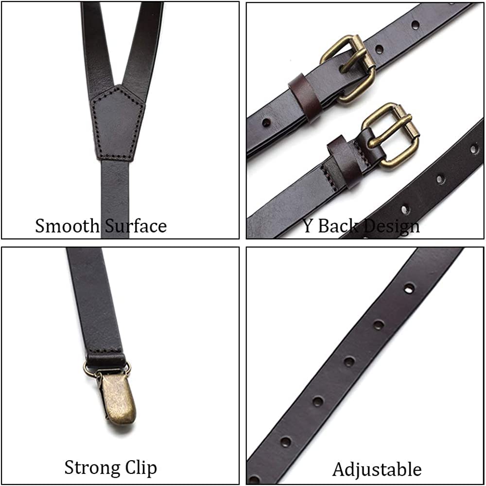 RC ROCKCOW Brown Leather Suspenders for Men Wedding Vintage Y Back Suspenders Tagger Snaps Wedding Party Best Groomsmen Gifts