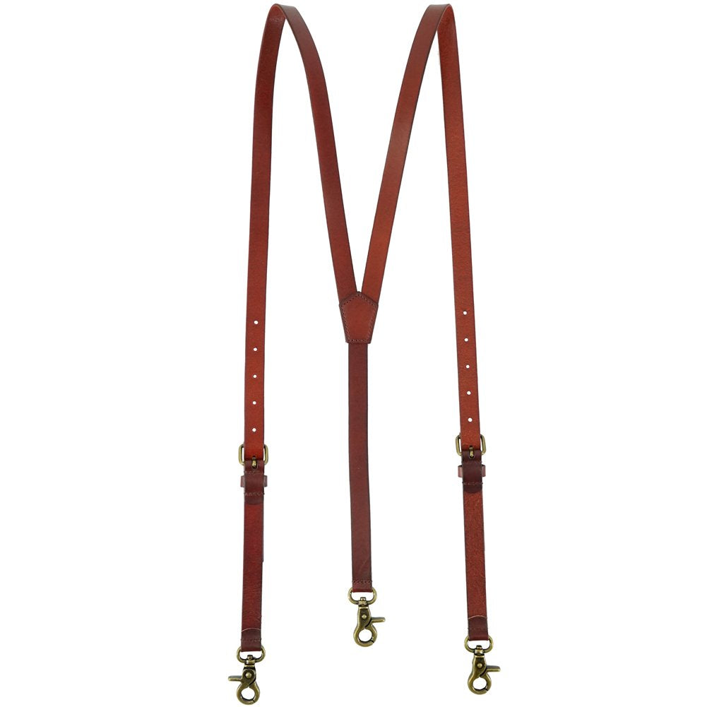 Lawevan Men's Reddish Brown Shiny Genuine Leather Suspenders, Steampunk Style Y back Adjustable Belt Loop, 3 Snap Hooks
