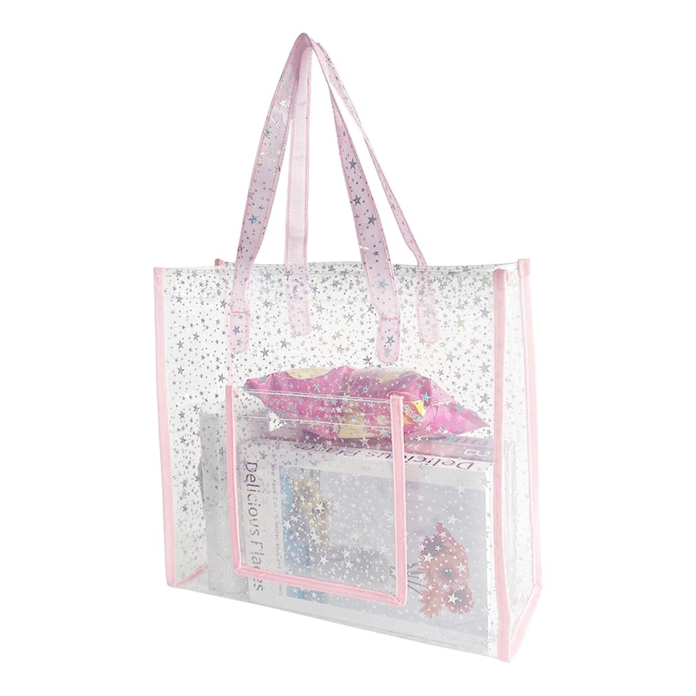 TotePrint TPU Star Clear Tote Bag - Large, Pink, Waterproof, Sandproof - Zipper Closure, Perfect for Beach, Shopping, Travel or Everyday Use