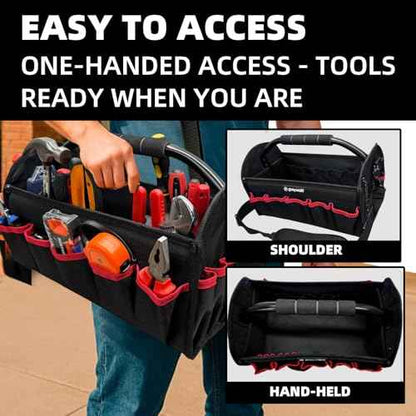 16 inch tool bag, foldable open top tool bag, 1680D waterproof and wear-resistant, 26 pockets to hold various tools, wide mouth electrician tool tote bag, steel handle and adjustable shoulder strap