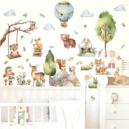 Woodland Animal Wall Stickers Jungle Forest Animal Wall Decals Cartoon Animals Wall Decals Peel and Stick Cute Balloon Cloud Tree Animals Wall Stickers for Nursery Kids Room Playroom Decor