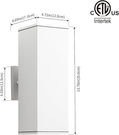 mirrea 14" Modern Outdoor Porch Light Patio Light in 2 Lights with Aluminum Rectangular Tube and Tempered Glass Cover Waterproof Wall Sconce 2 Pack (Matte White)