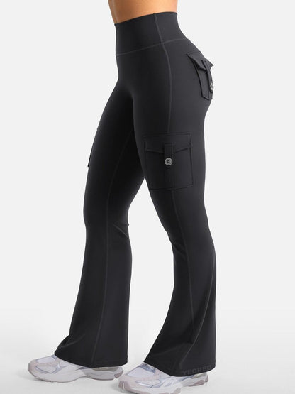 YEOREO CoreFlex Women Workout Flare Leggings with Pockets Hidden Scrunch High Waisted Cargo Gym Yoga No Front Seam Leggings Black XL