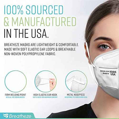 Breatheze KN95 Face Masks Made in USA - Face Masks Disposable KN95 Mask - FDA Registered Masks
