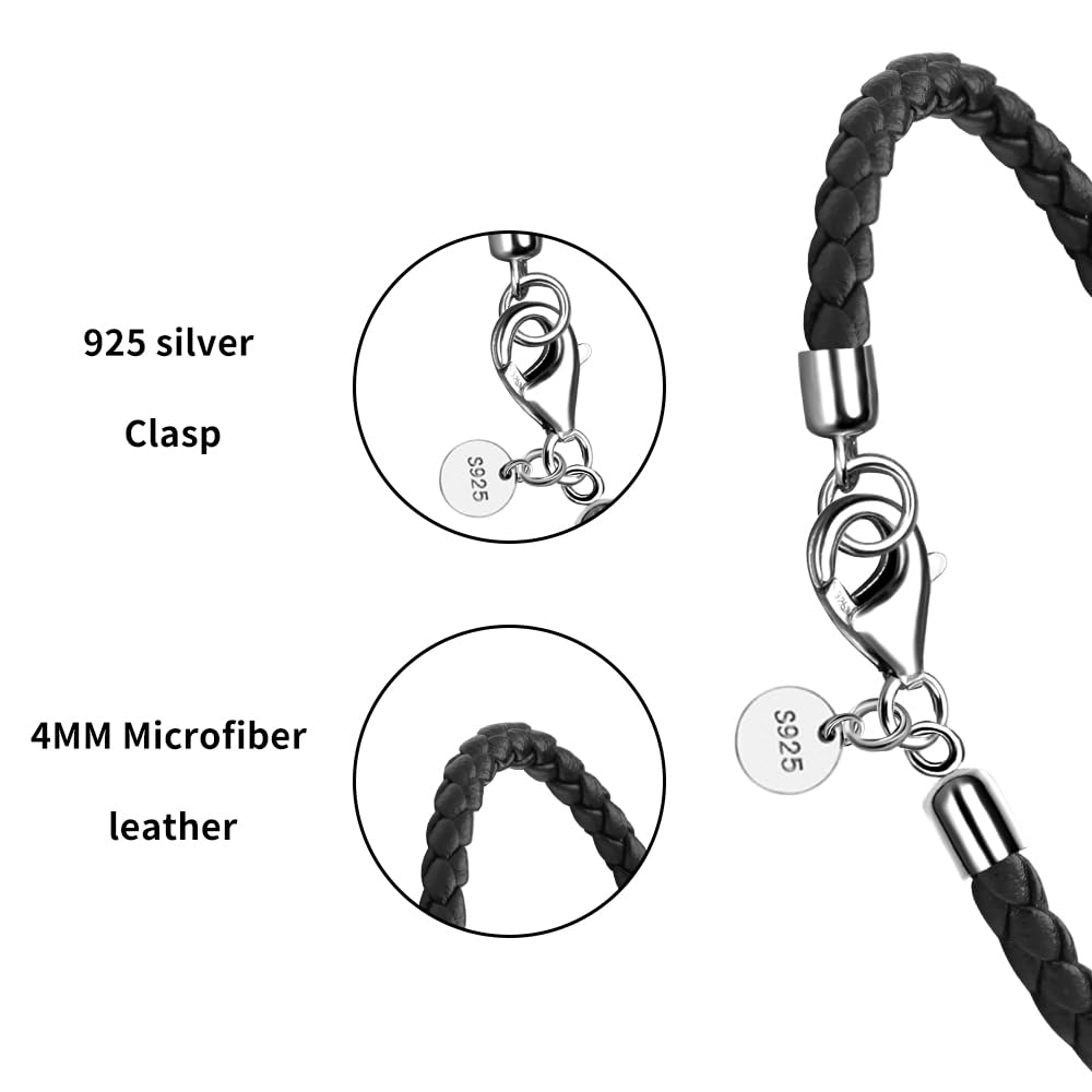 JEVINDA Leather Bracelet for Men Women 4MM Braided 925 silver Clasp 20/21cm with Jewelry Gift Box Handcrafted (Black, 8.2'')