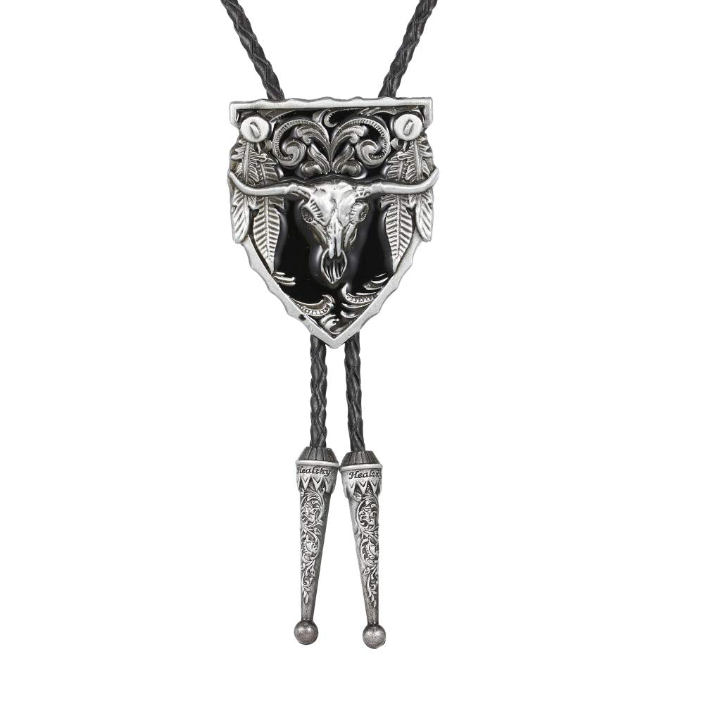 joymiao Leather Bolo Tie Vintage Adjustable Cowboy Neck with Round Silver Pendant Handmade Western Cow Skull Design Necktie