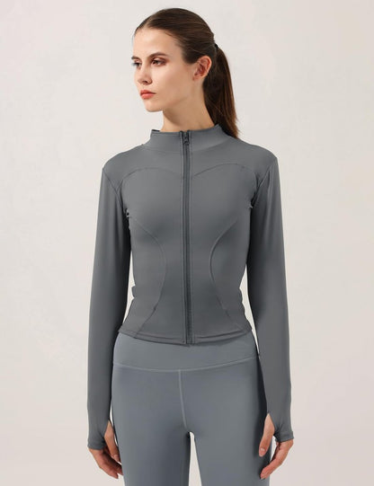 Gacaky Women's Slim Fit Lightweight Athletic Full Zip Stretchy Workout Running Track Jacket with Thumb Holes Grey M