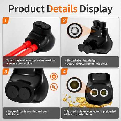Joinfworld 2 Port Insulated Multi Tap Connector Aluminum to Copper Wire Connectors 4-14AWG Single Side Entry Aluminum Black Electrical Cable Connectors with Slotted Allen Hex - 10 Pack