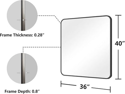 Koonmi Bathroom Mirror, 36X40 Inch Black Metal Framed Mirror for Bathroom, Tempered Glass, Anti-Rust, Rounded Rectangle Mirror for Restroom, Bedroom, Black