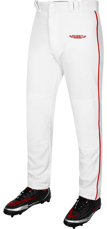 Exxact Sports Home Run Men's Baseball Pants with Piping - Full-Length, Semi-Relaxed Fit, Open-Bottom Adult Baseball Pants - (AM, White/Red Piping)