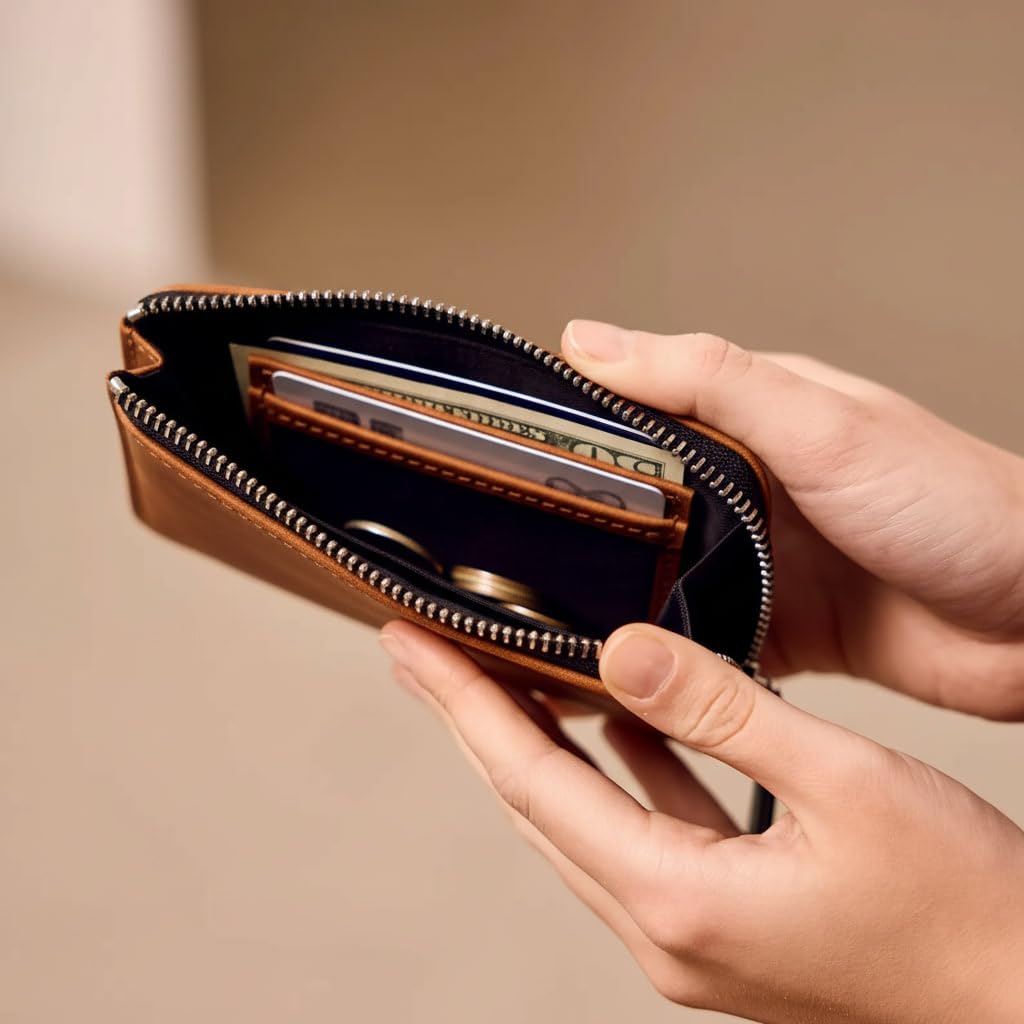 TORAKIP Small Leather Wallet with Zipper – Compact Genuine Leather Coin Pouch for Men & Women, Slim Minimalist Zip Wallet for Cash & Cards, Handmade Pocket Wallet, Warm Brown