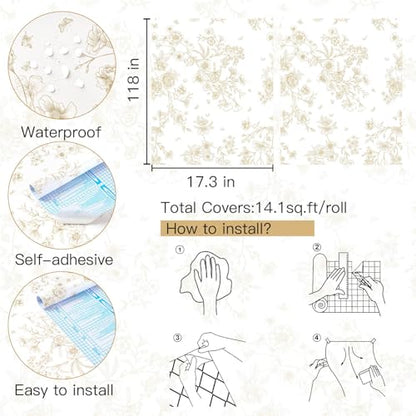LiKiLiKi 17.3"x118" Peel and Stick Wallpaper Beige and Brown Flowers Leaves Butterfly Floral Wallpaper Self Adhesive Removable Waterproof Contact Paper for Bedroom Bathroom Cabinets Vinyl Roll