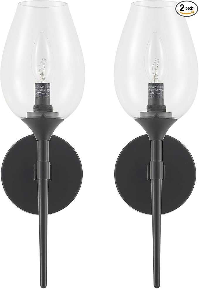 Modern Black Wall Sconces Set of 2, Glass Wall Sconces for Bedroom, Industrial Sconce Wall Lighting for Entryway Bathroom Living Room Stairway