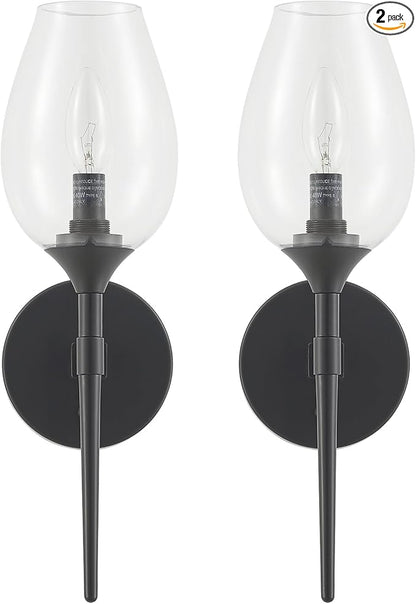 Modern Black Wall Sconces Set of 2, Glass Wall Sconces for Bedroom, Industrial Sconce Wall Lighting for Entryway Bathroom Living Room Stairway