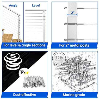 Muzata 100 Pack 1/8" Cable Railing Hardware Kit Hand Swage Threaded Stud Tensioner for 2x2 Metal Post T316 Stainless Steel Deck Cable Railing System CR23