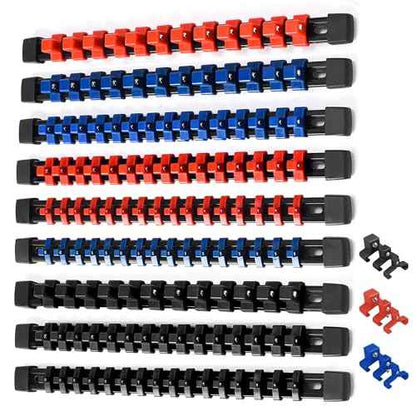ALOANES 9PC ABS Socket Organizer, 1/2 inch, 3/8 inch and 1/4 inch Drive Socket Rail Holders, Heavy Duty Socket Racks, Black Rails with Red Blue Black Clips