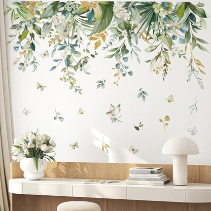 wondever Hanging Green Tropical Leaves Wall Stickers Palm Leaf Flower Plants Peel and Stick Wall Art Decals for Bedroom Living Room Sofa