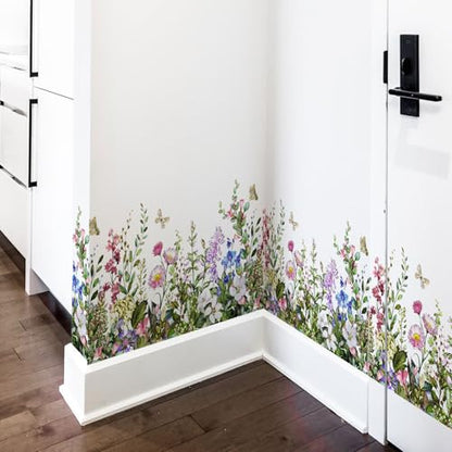 Plant Grass Wall Stickers Wall Corner Stickers Flowers Butterflies Base Board Skirting Line Wall Decals for Bedroom Living Room Staircase Kitchen Bathroom