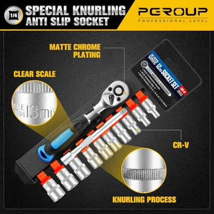 12PCS 1/4" Drive Metric Socket Wrench Set, 90-Tooth Reversible Ratchet Handle£¬6 Point Shallow Sockets (4-13mm) and Extension Bar 4", CR-V Steel, Tool Set For Car,Motorcycle,Bike Repair