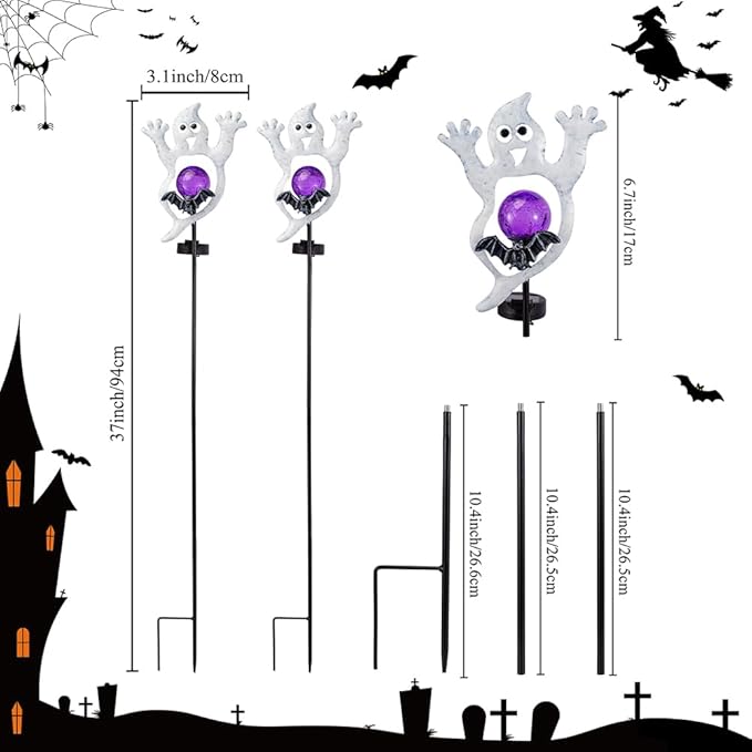 Viveta Solar Halloween Lights, 2 Pack Ghost Solar Lights Outdoor with Color Changing Crackle Glass Ball for Halloween Decorations Outdoor Garden Yard