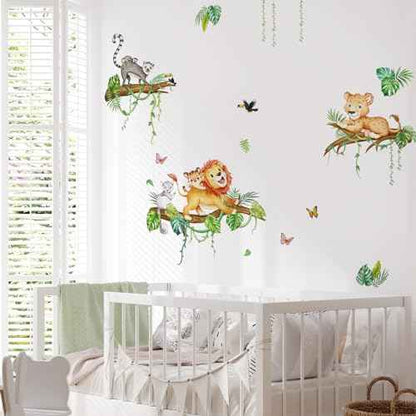 Tanlaby Jungle Animals Wall Decals Forest Lion on Tree Branches Wall Stickers Peel and Stick Cartoon Art Decor for Baby Nursery Kids Bedroom Playroom Daycare Classroom